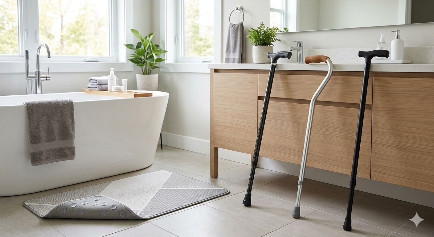Ergonomic Mobility Aids — Stylish Walking Canes & Non-Slip Bath Mats