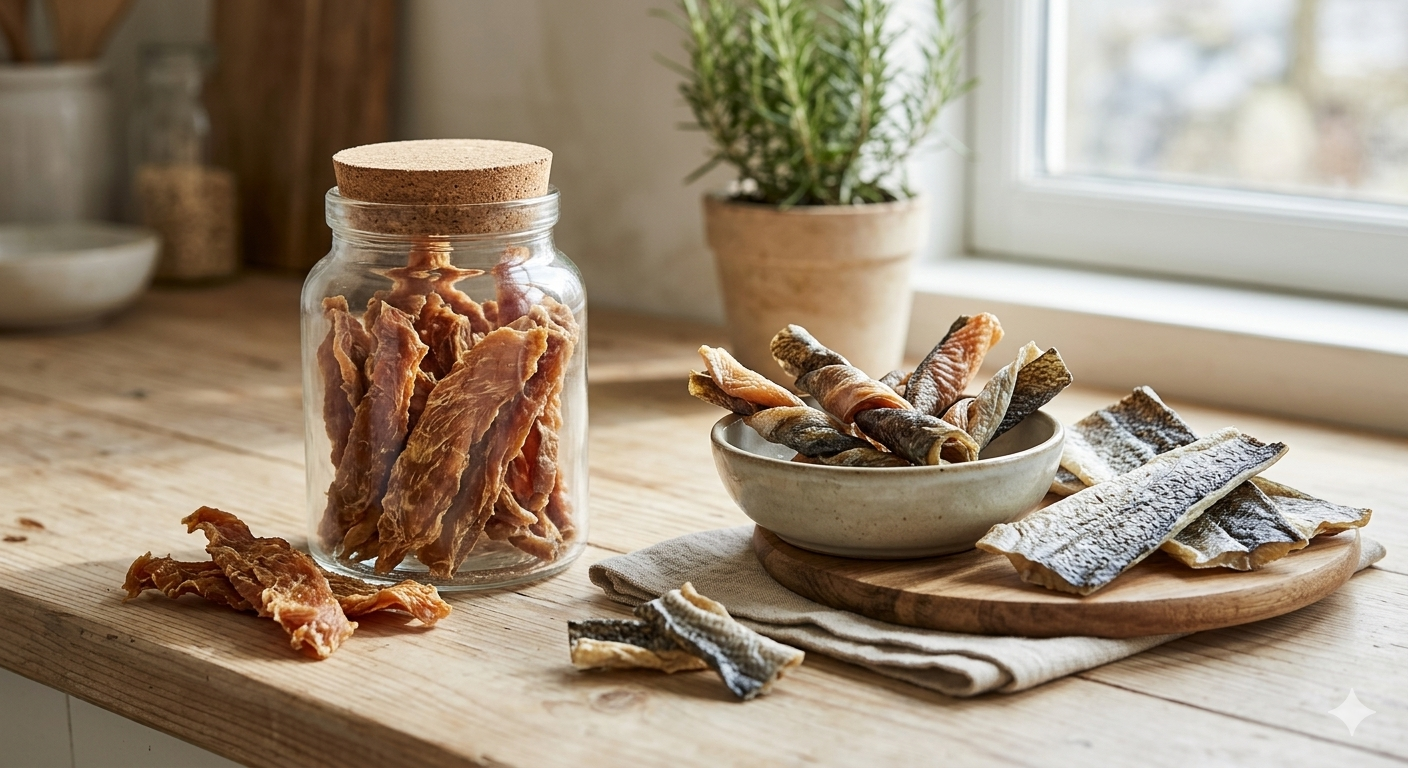 Dehydrated Single-Ingredient Pet Treats — Chicken Jerky & Fish Skin